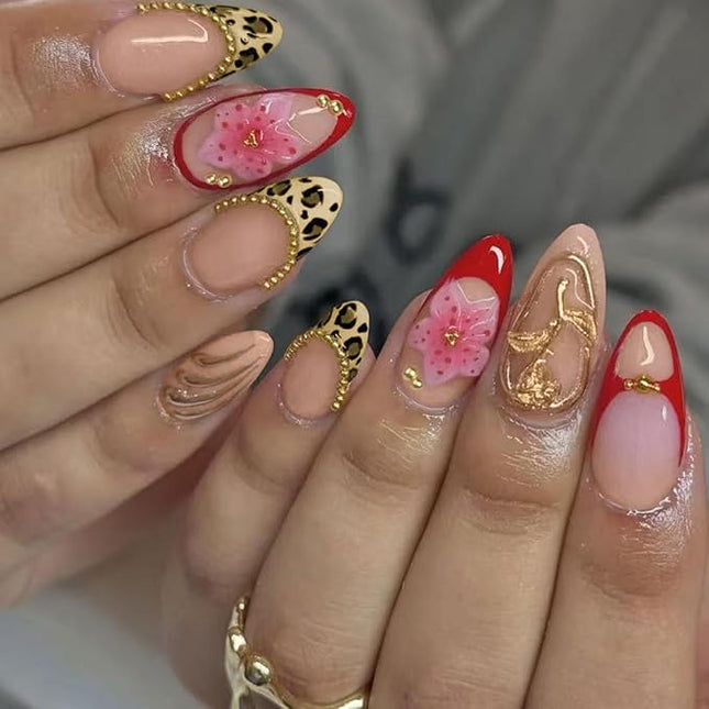 Short Press on Nails Almond Fake Nails with 3D Flower Gold Pearl Leopard Designs Red French Tips Nails Press ons Glossy Nude Pink Acrylic Nail Winter Fall Stick on Nail for Women 24 Pcs