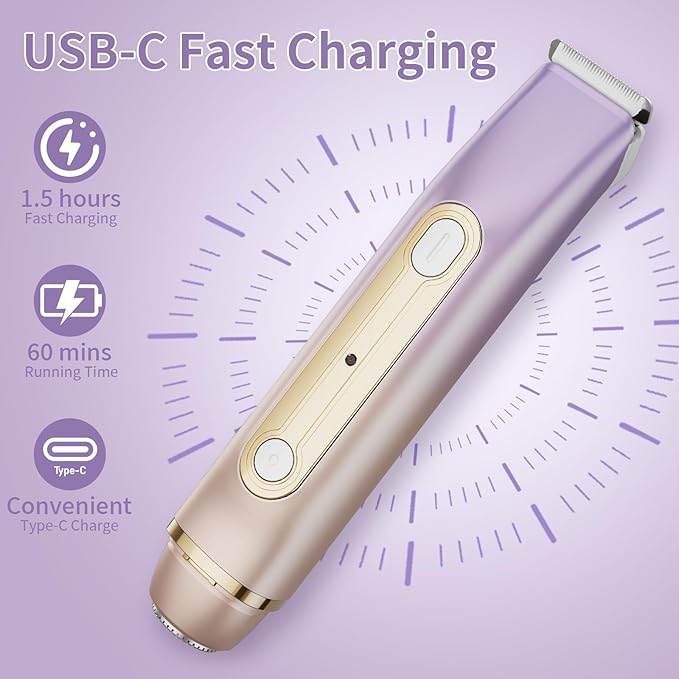 Bikini Trimmer for Women, 2-in-1 Dual Head Electric Shaver for Women, IPX6 Waterproof, Painless Body Hair Trimmer and Facial Hair Remover for Underarm, Leg, Arm, Face, Purple