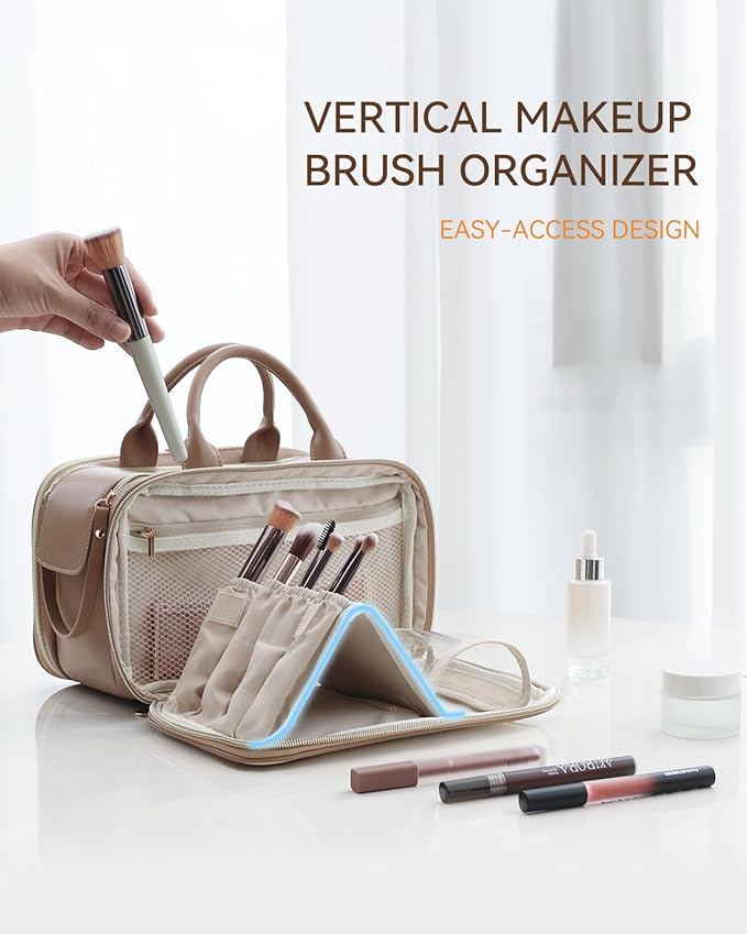 Prite Makeup Bag for Women, Large Capacity Waterproof Travel Cosmetic Organizer, Portable Open Flat Toiletry Bag with Free-standing Brush Holder and Handle(Cow Print Medium)