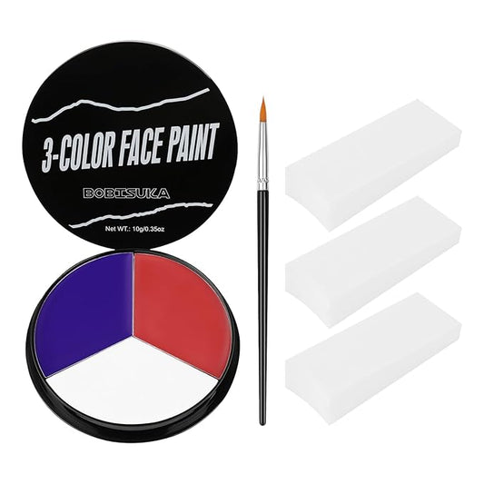 US Flag Red White Blue Face Painting Kit, 3 Colors Facepaint + 3PC Sponge + Brush for Halloween Costume Clown Joker, Eye Black for Sports & 4th of July Independence Day America’s Patriotic Parades