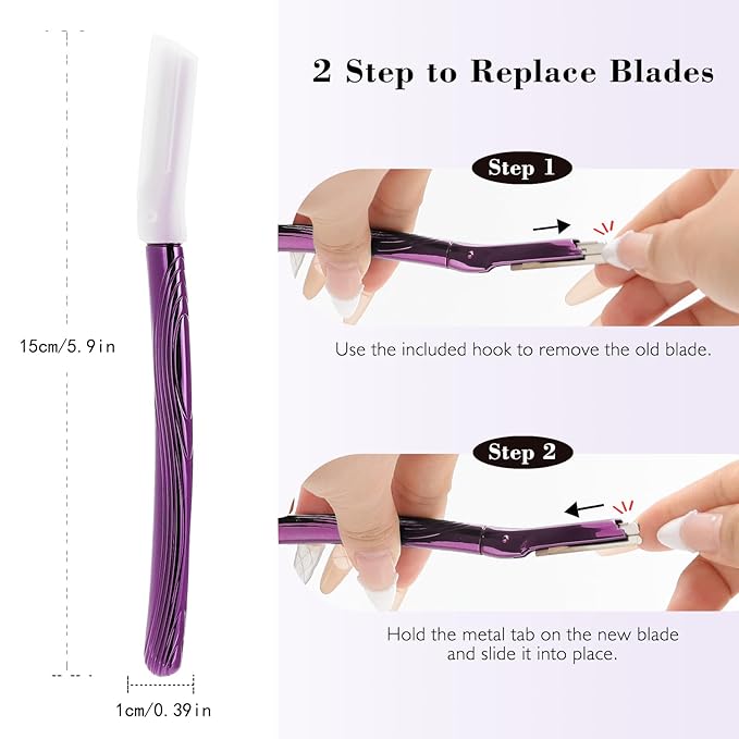 Eyebrow Razor, Face Razors for Women and Men, Reusable Metal Handle with 6 Refill Blades, Eyebrow Trimmer with Precision Cover, Dermaplane Razor, Skin Care Tool, Purple