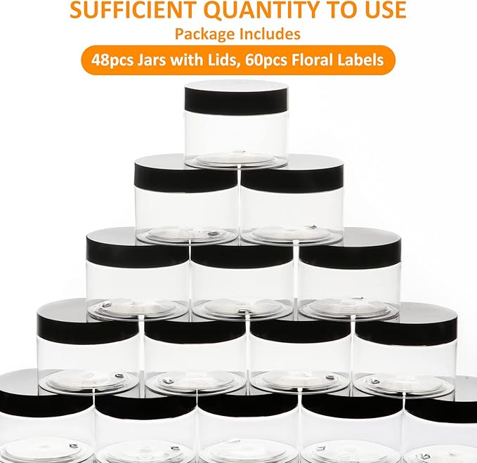 Clear 4 oz Plastic Jars with Lids & Labels - Refillable Cosmetic Small Containers with Black Screw Lid/Slime Containers (4 fl.oz, 48Pack)
