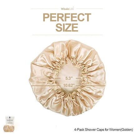 Shower Cap for Women Reusable Extra Large Shower Cap for Men (Golden 4 Pack Large) Satin Double Layer EVA Waterproof Long Hair Cap