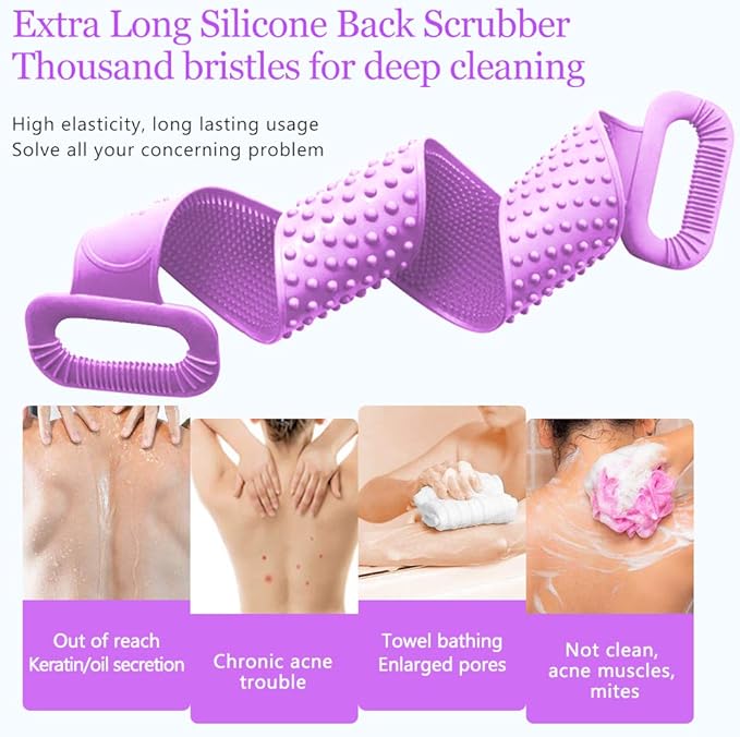 Inmorven Exfoliating Back Scrubber for Shower with Handles, 30 Inch Double-Sided Back Exfoliator Body Scrub Towel, Exfoliating Washcloth Bath Tool for use in Shower, Clean Skin for Men & Women(Purple)