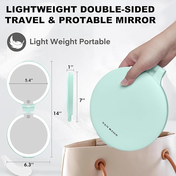 6.3 Inch Rechargeable Folding 10x Magnification Double Sided Makeup Mirror with Lights, Portable Travel Mirror for Women with Nearsightedness | Travel Essentials for Women