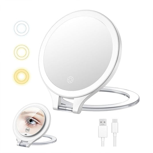Luxspire Magnifying Mirror with Light, 10X / 1X Double Sided Makeup Mirror, Portable Travel Makeup Mirror with 3 Color Lights and Magnification, Foldable Handheld Lighted Mirror, White