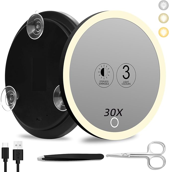 30x Lighted Magnifying Mirror with Suction Cups, Large 6'' Magnified Mirror with Light High Magnification Travel Makeup Mirror, Rechargeable Battery, 3 Colors Dimming Light, with Tweezers &Scissors