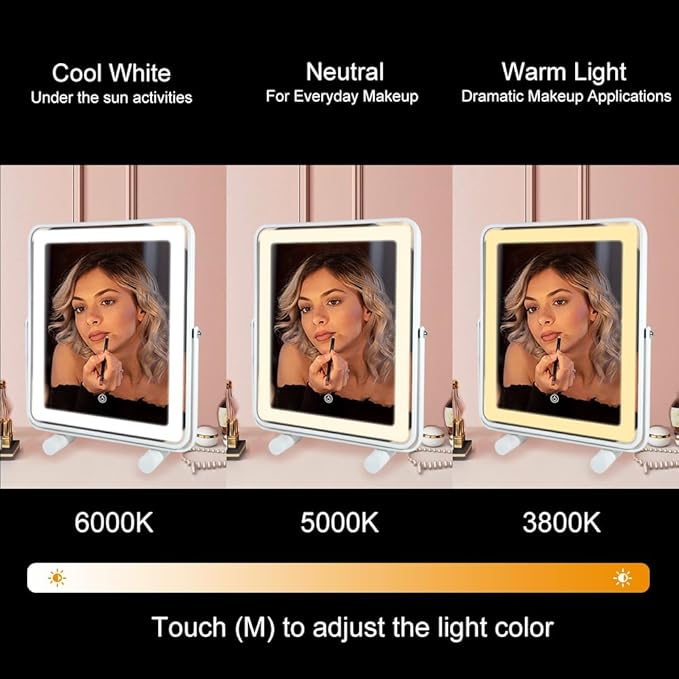 Makeup Vanity Mirror with Lights,13" Large Hollywood LED Lighted Make up Mirror for Bedroom Tabletop,Three Color Lighting Modes,Smart Touch Control, 360°Rotation