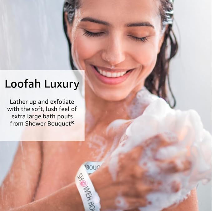 SHOWER BOUQUET Loofah-Bath-Sponge XL Soft-Pastel-Colors 4-Pack // Extra-Large 75g Mesh Luffa Loofa Loufa Puff Pouf Set/Exfoliating Body Scrubber for Women and Men - Exfoliate & Soothe Face & Body