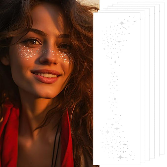 Glitter Freckles Face Tattoo Makeup Patches - 6 Sheets Silver Star Fake Freckles Accessories for Women, Singer, Dancer, Rave Party