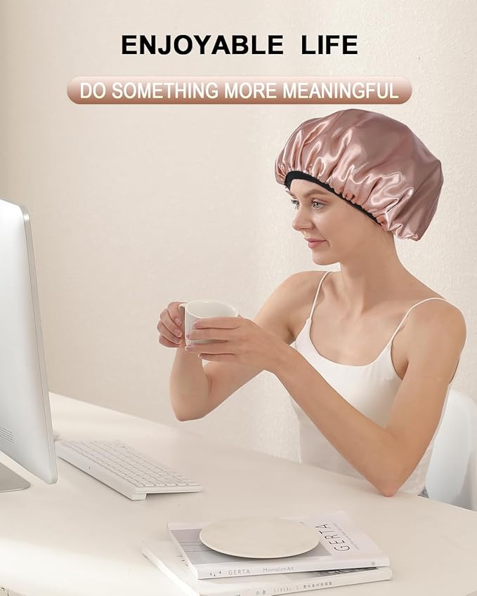 YIZIJIZI Triple Layer Reusable Waterproof Shower Cap for Women Large Terry Lined Hair Cap for Long Thick Hair Travel Bath Care khaki