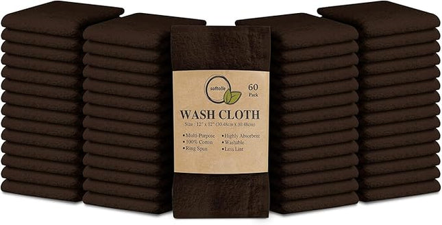 Softolle 100% Cotton Washcloths 60 Pack (12x12 Inches) Soft, Highly Absorbent Washcloth, Face Towels, Wash Cloths for Face, Ring Spun, Bulk Pack (Brown)