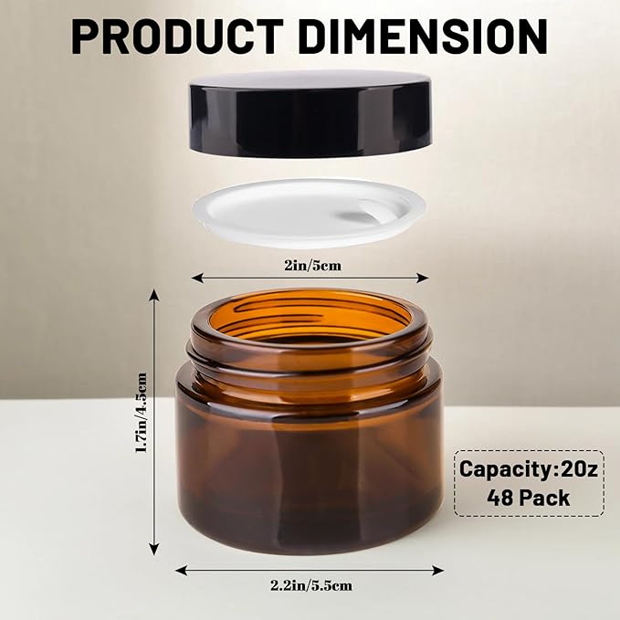 2oz Amber Glass Jars with Lids, Cosmetic Jars with Lids, 48 pack