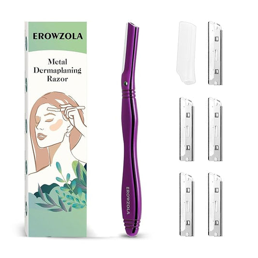 Eyebrow Razor for Women and Men, Face Razors for Women, Dermaplane Razor with Protective Silicone Cover, Reusable Metal Handle with 6 Refill Blades, Skin Care Tool - Purple