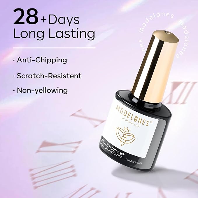 modelones Glitter Gel Nail Polish Top Coat, Rainbow Confetti Gel Top Coat with Scattered Sparkle Shimmer Sequins, Soak Off Long Lasting High Glossy Finish Home Salon DIY Manicure Nail Art 10 ML