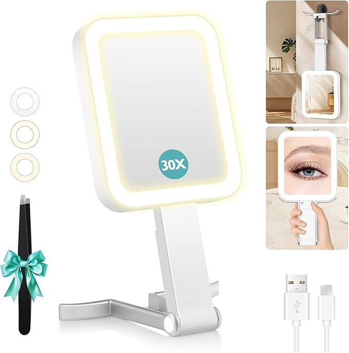 B Beauty Planet Small Travel Makeup Mirror with Lights(10" L x 5" W), Double-Sided 1X/30X Magnifying Mirror, 3 Color Lighting & Brightness Adjustable, Portable &Foldable Handheld Mirror with Lights