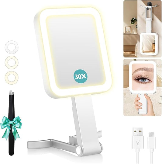 B Beauty Planet Small Travel Makeup Mirror with Lights(10" L x 5" W), Double-Sided 1X/30X Magnifying Mirror, 3 Color Lighting & Brightness Adjustable, Portable &Foldable Handheld Mirror with Lights