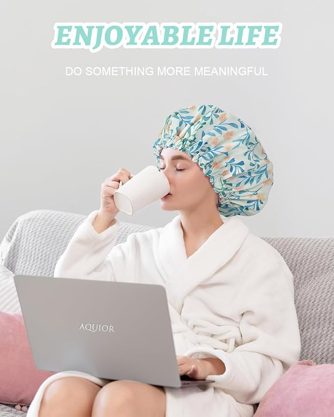 Aquior Shower Caps, Double Layer Waterproof Shower Cap for Women, Reusable Large Shower Cap for all Hair Lengths with EVA Lining, Soft Bath Shower Caps