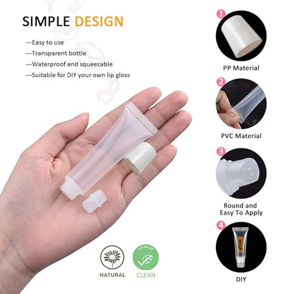 AMORIX 50PCS 10ml Lip Gloss Tubes Clear Empty Lip Balm Containers with White Cap Refillable Soft Cosmetic Squeeze Tubes for Lip Gloss Base Glitter Pigment Powder 2 Syringes + Tag Labels Stickers