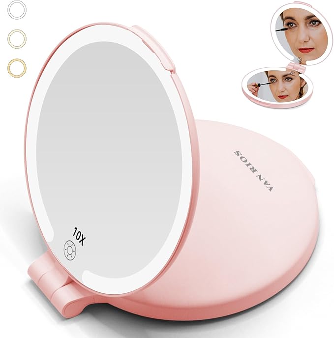 6.3 Inch Folding Rechargeable Double Sided Makeup Mirror with Lights,Travel Portable Magnifying (10x 1x),Magnifying Mirror with Light for Myopia and Makeup Fanatics