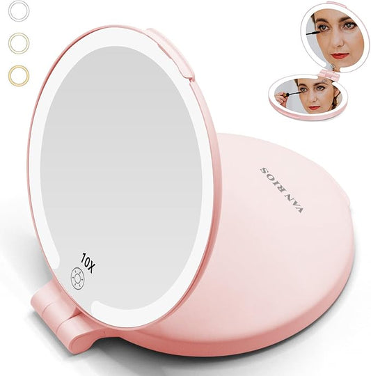 6.3 Inch Folding Rechargeable Double Sided Makeup Mirror with Lights,Travel Portable Magnifying (10x 1x),Magnifying Mirror with Light for Myopia and Makeup Fanatics