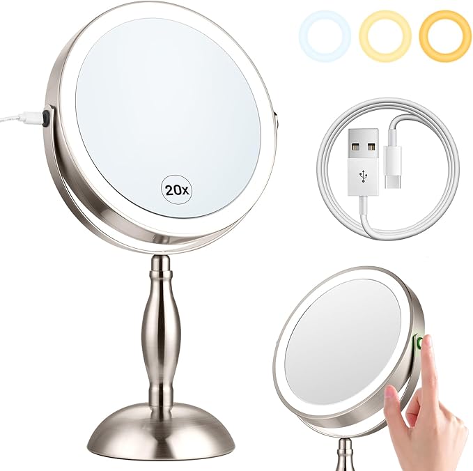 20x Magnifying Mirror with Light, Lighted Makeup Mirror with 3 Color Modes and Adjustable Brightness, Side Charging Port & SideTouch Sensor, 360° Rotation Double Sided Standing Mirror-Brushed Nickel
