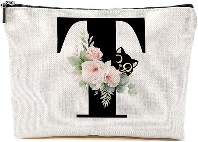 Floral Cat Initial Makeup Bag, Personalized Skin Care Bag, Travel Organizer Toiletry Bags for Women Mom Friends, Cosmetic Bags Makeup Pouch with Zipper, Letter T