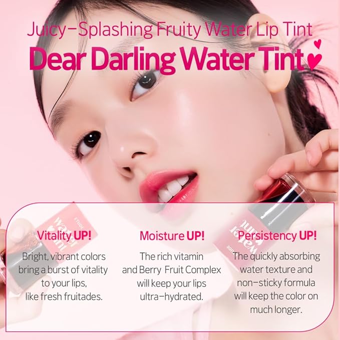 ETUDE Dear Darling Water Tint 3 Color SET (Strawberry Ade+Cherry Ade+Orange Ade, 9g*3) | Vivid Color Lip Stain with Moisturizing Weightless & Non-sticky Finish | Korean Makeup, Perfect for Gift