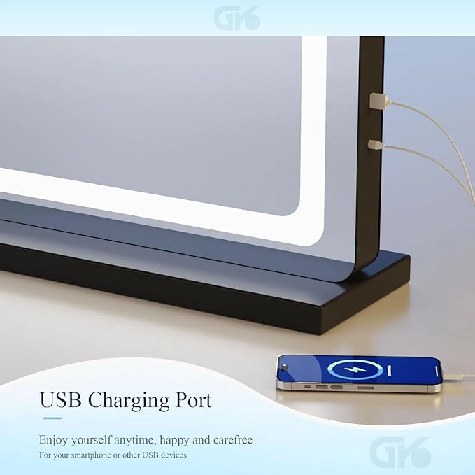 Makeup Vanity Mirror with USB Charging Port 28" x 22" Large LED Makeup Mirror, Desk Mirorr with Lights, Light up Mirror with 10X Magnification, Dimmable 3 Modes, Touch Screen Control Black