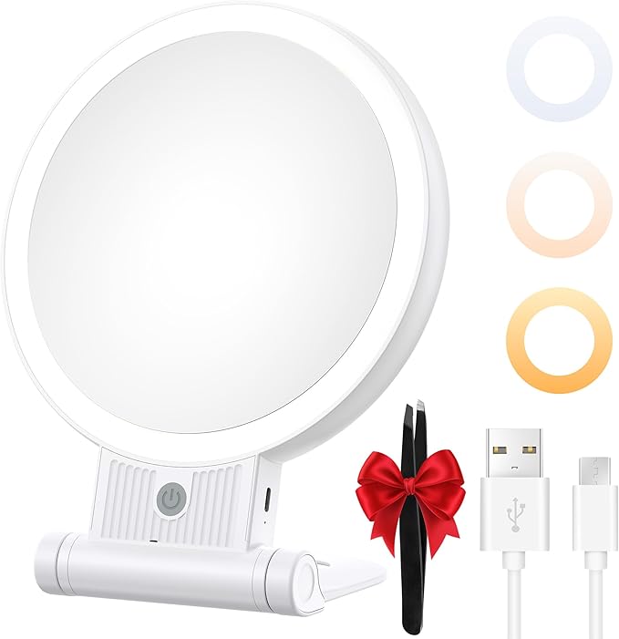 1X/30X Lighted Makeup Mirror with Magnification, Double-Sided Switch, 3-Color Lights, 2000mAh Rechargeable, Adjustable Brightness, Swivel Makeup Mirror with Lights for Vanity or Wall Use