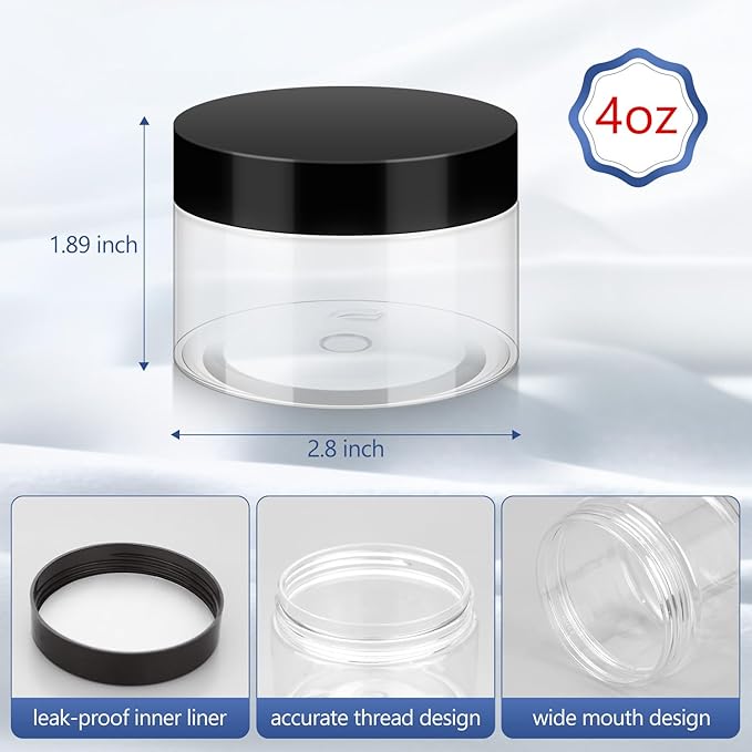 4 oz Plastic Jars Container with Lids, 5 Pack BPA Free Refillable Cosmetic Jars with Lids Clear Round Small Container for Lotion, Cream, Powders, Makeup, Slime, Honey Jam, Bath Salts, Black