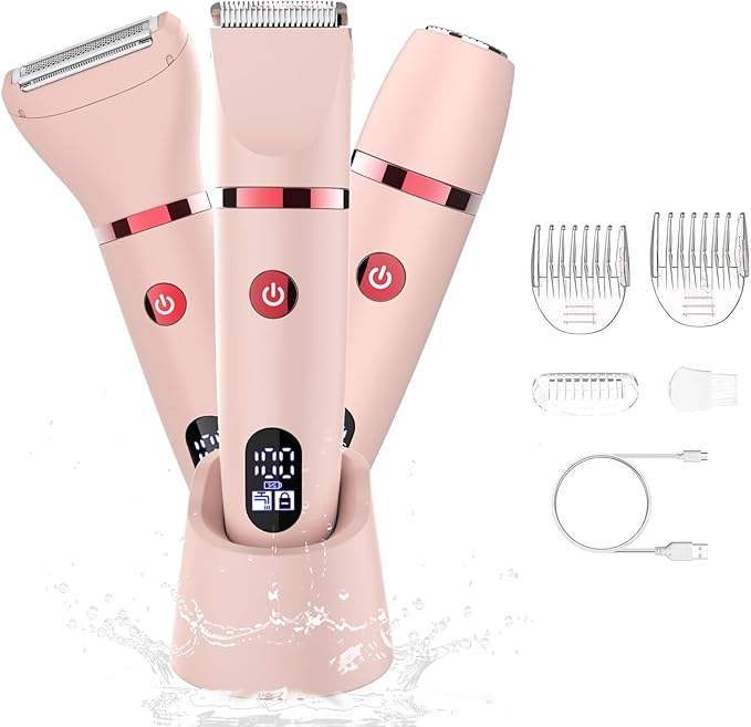 3-in-1 Electric Razor IPX7 Waterproof Bikini Trimmer Wet & Dry Use Painless Personal Trimmer Groomer for Ladies Face Body Legs Bikini Public Hairs Electric Lady Shaver with Replaceable Heads