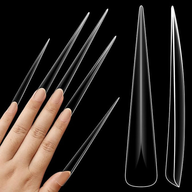 NOVO OVO Halloween Extra Super Extreme Long Stiletto Nail Tips, 5XL XXXXXL Clear Full Cover French Tips False Fake Nail Extension, Sharp Fishbone Arrow Head Nails for Professional 120 pcs 12 Size