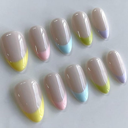 Short Press on Nails Almond Colorful French Tips Fake Nails with French Designs Glossy Glue on Nails Press ons Cute Acrylic Nail Pink Full Cover Artificial Stick on Nails for Women 24 Pcs