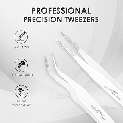 LANKIZ Eyelash Extension Tweezers Stainless Steel Straight and Curved Volume Lash Tweezers Set of 2 for Professional Eyelash Extension Application -White pinzas para pestaas pelo a pelo