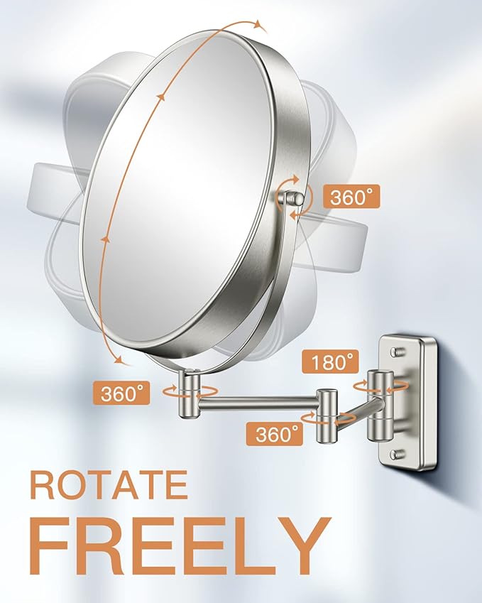 Benbilry 9" Large Size Wall Mounted Makeup Vanity Mirror, 1X/10X Magnifying Double Sided Shaving Mirror for Bathroom, 360° Swivel Extendable Arm, Nickel Finish