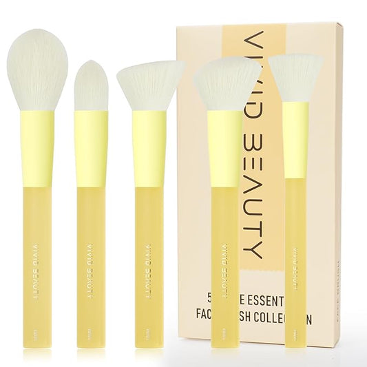 5pcs Yellow Face Makeup Brush Set – Mimic Natural Wool Synthetic Bristles, Non-Slip Rubber Handles – Cruelty-Free, Travel-Friendly Make up Brushes– Perfect for Contouring, Setting & More