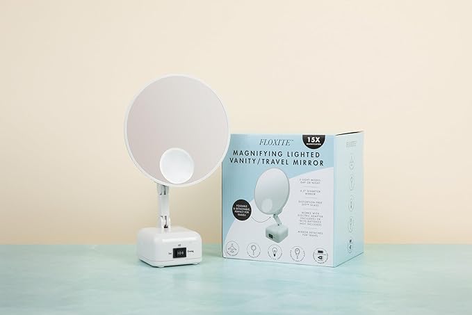 Floxite FL-615-2 15X magnifying mirror with light, Lighted travel makeup mirror with light and magnification, Round, LED, Tabletop, Portable vanity mirror for desk bathroom, electric plug in, personal