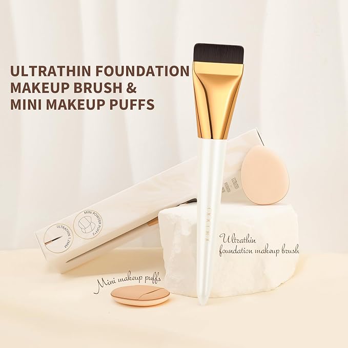 docolor Flat Foundation Brush for Liquid Makeup - 2Pcs Mini Powder Puff Set Premium Korean Makeup Brush for Blending, Cream Portable Finger Puffs Perfect for Under Eye Setting, Concealer