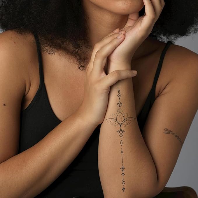 Lotus Temporary Tattoo – Elegant Fine Line Floral Spine for Women, Realistic & Long-Lasting Semi-Permanent Tattoos