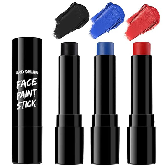 BAD COLOR 3PCS Red Black Royal Blue Face Body Paint Stick Makeup for Skull Vampire Clown Joker SFX Cosplay & Dress Up, Full-Coverage Halloween Facepaint Makeup Kit