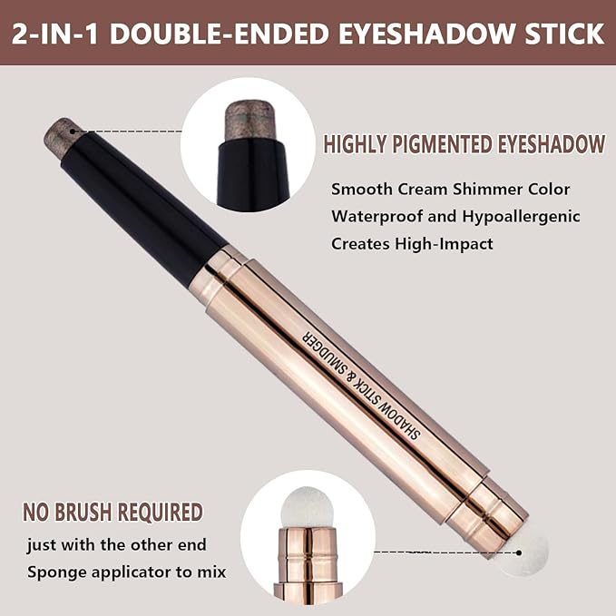 2 in 1 eyeshadow stick and Sponge Makeup Brush Smooth Cream Shimmer Shadow Pencil Long Lasting Eye Waterproof Shadow Stick Makeup Hypoallergenic Highlighter Multi-Dimensional eyes Look