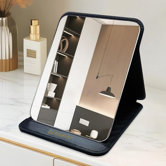 Foldable Travel Makeup Mirror, Adjustable Angle Portable Standing Vanity Mirror, Compact PU Leather Design for Home/Camping/Desktop Use,Classic Black (8.4"x6")
