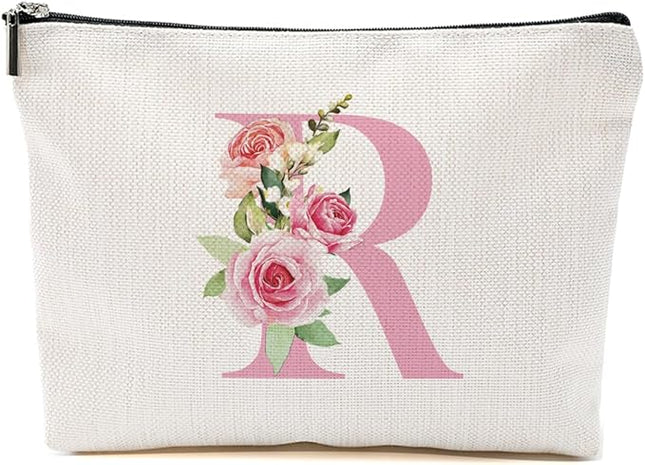 Pink Monogram Makeup Bag, Initial R, Cosmetic Bag Personalized Travel Organizer Bags Makeup Pouch, Monogrammed Gifts for Women Girls Friend Sisters Bridesmaid Wedding Bridal Shower Gifts