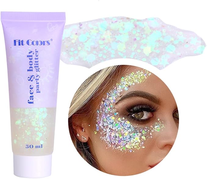 MEICOLY 2pcs Clear White Face Body Glitter,Mermaid Face Glitter Gel,Singer Concerts Festival Rave Accessories,Chunky Sequins Glitter Face Paint for Women and Kids,Sparkling Glitter Makeup