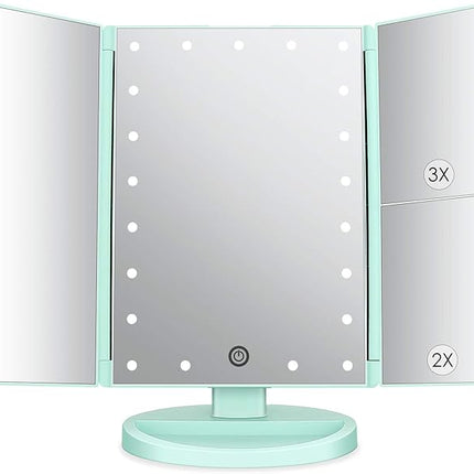 deweisn Tri-Fold Lighted Vanity Tabletop Mount Mirror with 21 LED Lights, Touch Screen and 3X/2X/1X Magnification, Two Power Supply Mode Make up Mirror,Travel Mirror