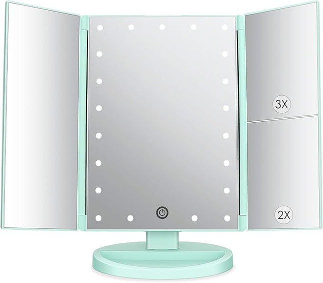 deweisn Tri-Fold Lighted Vanity Tabletop Mount Mirror with 21 LED Lights, Touch Screen and 3X/2X/1X Magnification, Two Power Supply Mode Make up Mirror,Travel Mirror