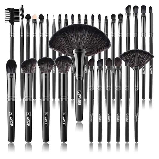 Vander Make up Brush Set, 32Pcs Professional Premium Synthetic Brochas Para Maquillaje, Foundation Powder Concealers Eyeshadow Eyeliner Brush Travel make up brushes set (Black)
