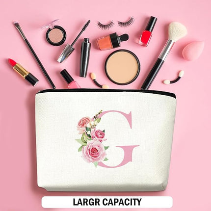Pink Monogram Makeup Bag, Initial G, Cosmetic Bag Personalized Travel Organizer Bags Makeup Pouch, Monogrammed Gifts for Women Girls Friend Sisters Coworker Bridesmaid Wedding Bridal Shower Gifts