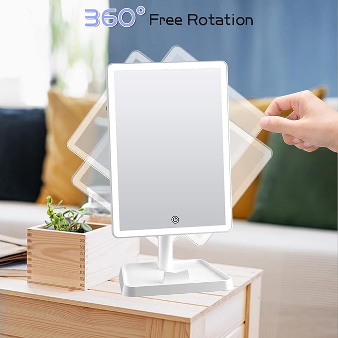 FUNTOUCH Rechargeable Makeup Vanity Mirror with Lights, Large Lighted Desk Makeup Mirror with 96 LED Lights and 10x Magnifying Mirror, 3 Color Lighting, Light up Make up Mirror with Phone Holder